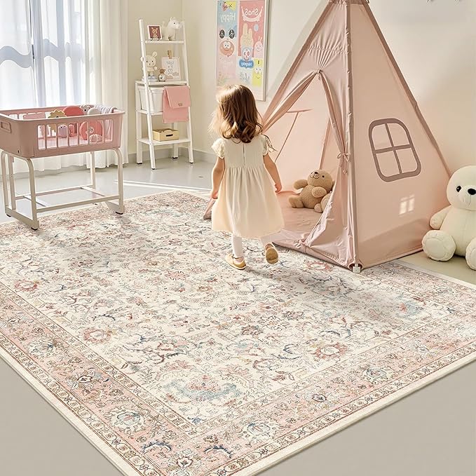 6x9 Pink Washable Area Rugs for Living Room Non Slip Low Pile Vintage Boho Throw Rug Soft Retro Distressed Floral Large Carpet Indoor Farmhouse Decor for Bedroom Dining Room Office Kitchen Playroom