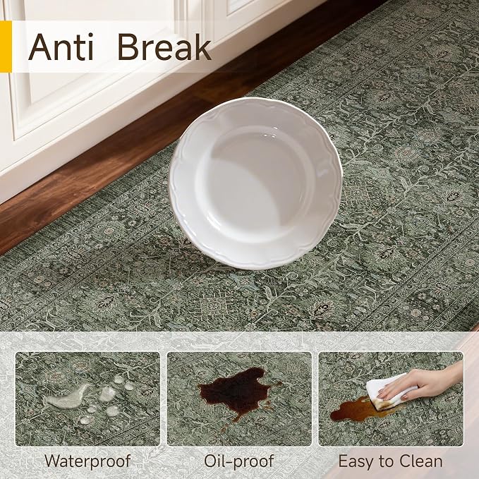 PureCozy Kitchen Mats 2PCS Anti Fatigue Cushioned Mat Green Vintage Kitchen Mats for Floor Waterproof Non Slip Comfort Standing Distressed Rug for Sink Laundry Office 17.3"x47"+17.3"x30"