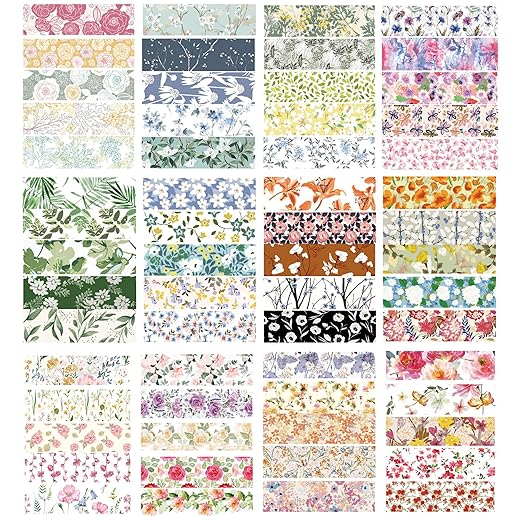 Flowers Washi Tape Set 60 Rolls Floral Patterns Decorative Skinny Blooms Masking Tapes for Arts, DIY Crafts, Journals, Planners, Scrapbook, Wrapping (Spring)