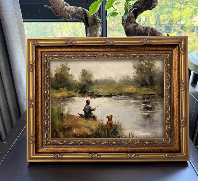 Vintage Gold Framed Wall Art Boy Fishing Country Oil Painting Canvas Prints Peaceful Lake Landscape with Dog Picture Rustic Farmhouse Poster Artwork for Nursery Living Room Bedroom, 9x11in