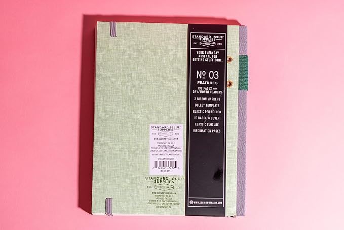 DesignWorks Ink Standard Issue Notebook No. 3, Undated Daily Planner & Writing Journal, 192 Lined Pages, Pen Holder, Small Notebook for Work & Journaling, 6.75 x 8.5 in, Green