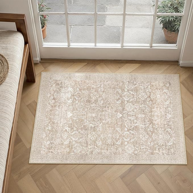 PureCozy Washable Area Rug 2x3, Small Non-Slip Beige Entryway Door Mat Vintage Low Plie Thin Indoor Kitchen Bathroom Rug Retro Accent Throw Entrance Bedroom Office Carpet