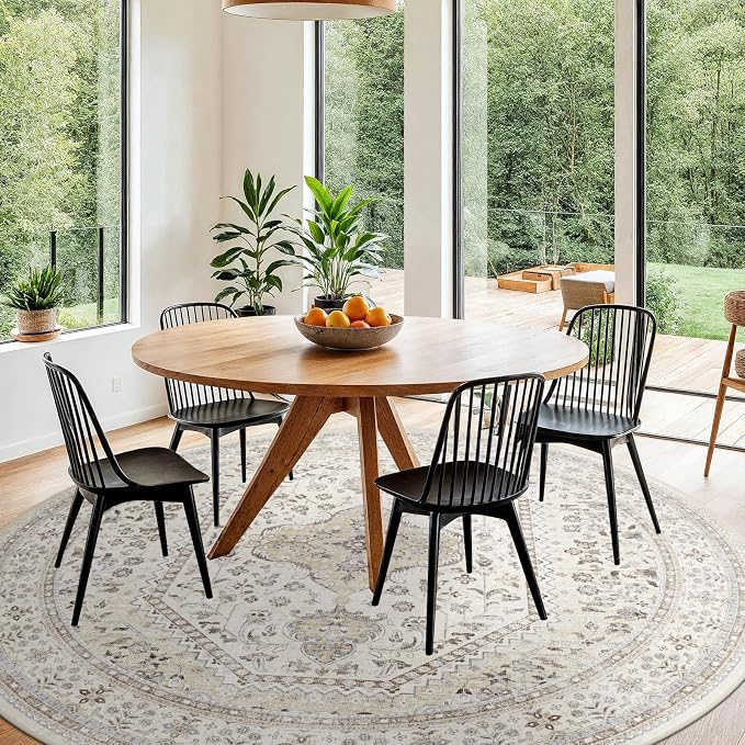 Puino 9FT Round Area Rugs for Living Room: Circle Rugs Machine Washable Oriental Low Pile Soft Non Slip Backing Vintage Indoor Rug for Bedroom Nursery Dining Room Home Office Beige/Gray