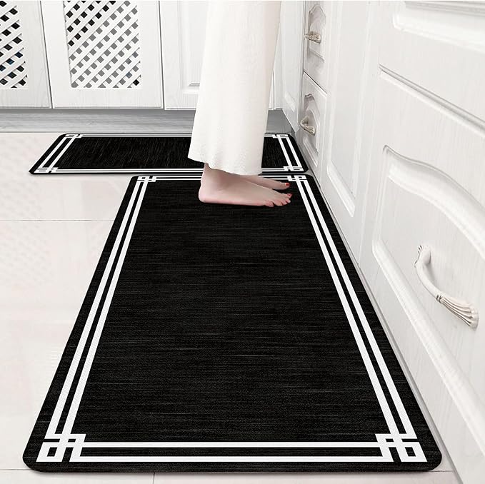 Black Retro Elegance Frame Textured Kitchen Rug Sets [2 PCs], Anti-Fatigue, Waterproof Non-Slip Kitchen Mats Heavy Duty Comfort Foam Rug for Kitchen, Floor, Laundry,17"x29"+17"x47"