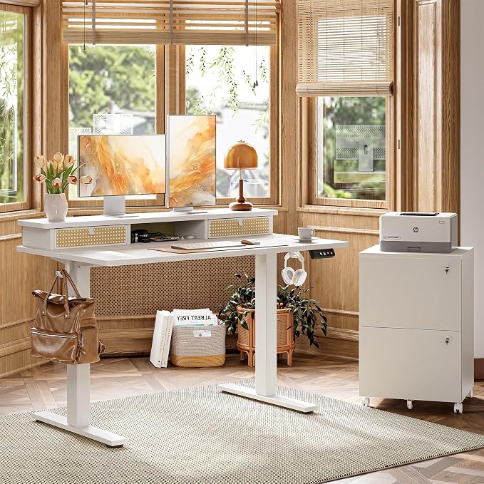TIQLAB Standing Desk with Two Drawers, Stand Up Standing Desk Adjustable Height, Electric Sit Stand Table with Storage Shelf and Splice Board, 55 * 24 inch, White Wicker