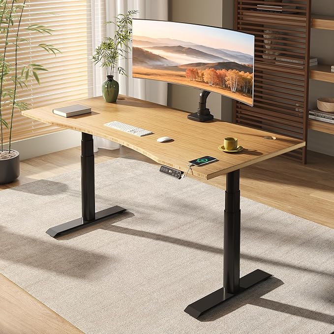 FLEXISPOT E6 Pro Organic Modern Bamboo Standing Desk, Dual Motor 3-Stage Height Adjustable Desk with Oval Legs, Heavy Duty 330lbs, 55" x 28" Bamboo Desktop with Ergonomic Curved Edge, Black Frame