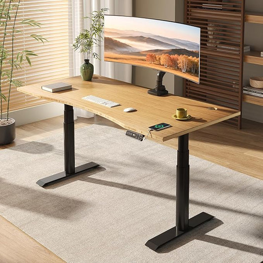 FLEXISPOT E6 Pro Organic Modern Bamboo Standing Desk, Dual Motor 3-Stage Height Adjustable Desk with Oval Legs, Heavy Duty 330lbs, 55" x 28" Bamboo Desktop with Ergonomic Curved Edge, Black Frame