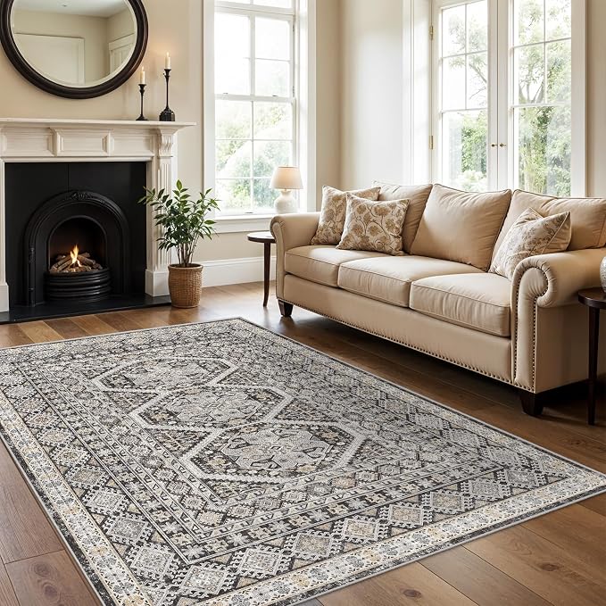 6x9 Area Rugs for Living Room:Washable Oriental Rug for Bedroom Dining Room Carpet 6 by 9 Indoor Non Slip Rubber Backing Neutral Nursery Dorm Home Office Kids Beige (Black, 6x9)