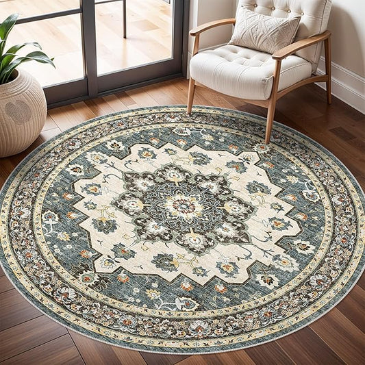 TOPRUUG Washable Oriental Area Rug - 6ft Round Rugs for Living Room Soft Carpet for Bedroom Waterproof Floral Distressed Indoor Stain Resistant Non-Shedding Floor Carpets (Blue, 6ft-Round)