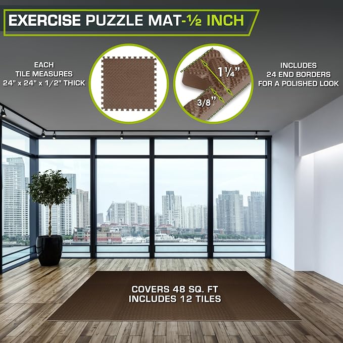ProsourceFit Exercise Puzzle Mat 1/2-inch, EVA Interlocking Foam Floor Tiles for Home Gym, Workout Equipment, Kids Play Areas, Brown, 48 Sq Ft - 12 Tiles