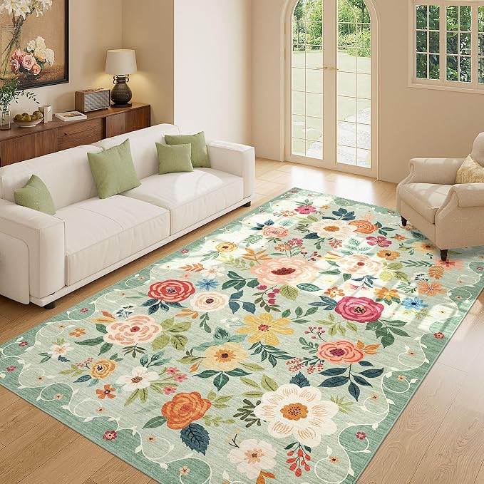 DUKINO 5x8 Area Rug for Living Room, Washable Lightweight Non Slip Floral Bedroom Rug with Non Shedding Design, Soft Low Pile Large Indoor Carpet for Dining Room, Kids Playroom, Nursery, Office, Green