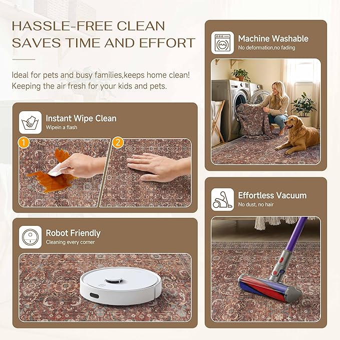 HUGEAR 4x6 Entryway Area Rug Vintage Brick Red Small Rug Machine Washable Door Mat Retro Floral Low Pile Carpet Vacuumable Distressed Throw Rugs Entrance Kitchen Bedroom Non Slip Lightweight