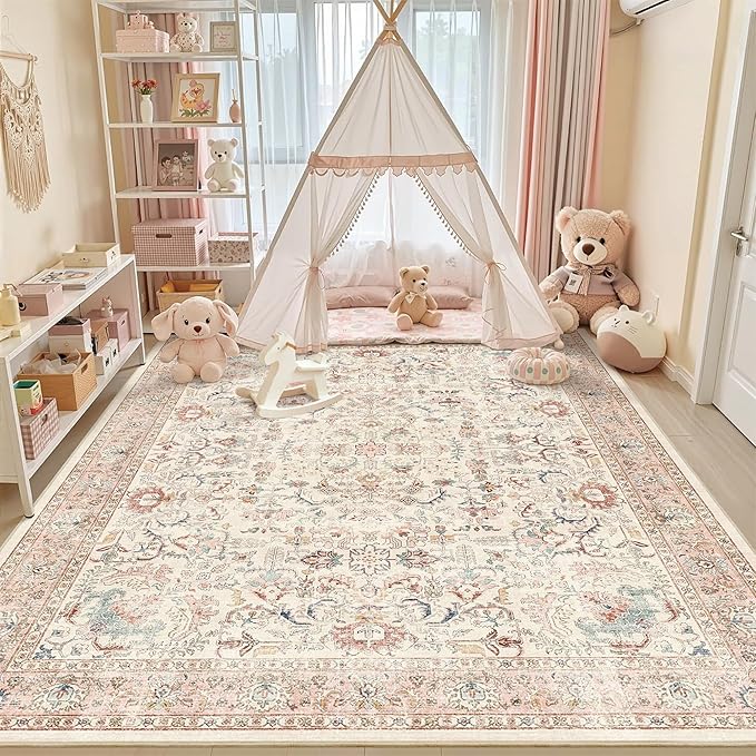 9x12 Pink Washable Area Rugs for Living Room Non Slip Low Pile Vintage Boho Throw Rug Soft Retro Distressed Floral Large Carpet Indoor Farmhouse Decor for Bedroom Dining Room Office Kitchen Playroom
