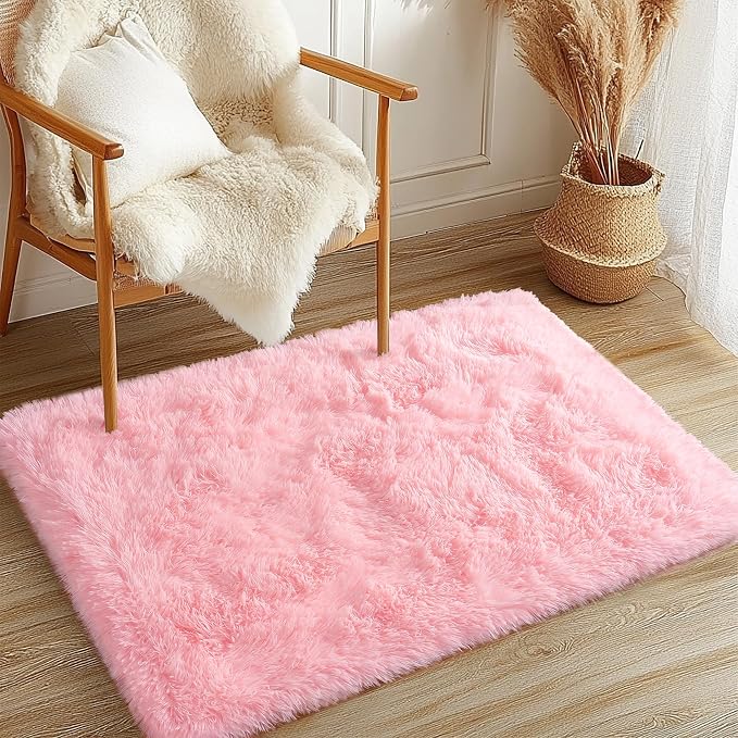 Awaytail 2x3 Fluffy Pink Area Rug - Soft Cute Shag Fuzzy Rug for Bedroom - Anti-Skid Living Room Girls Rug Pink Home Decor