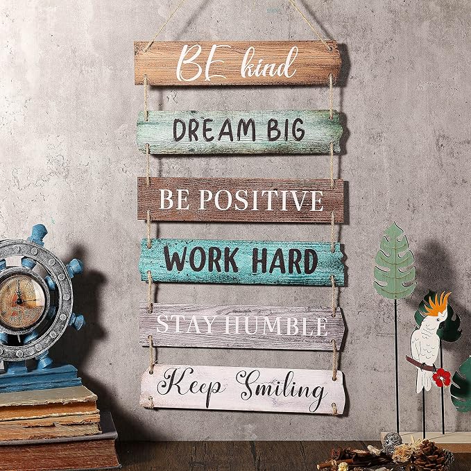 Blulu 6 Pcs Rustic Wall Hanging Plaque Sign Back to School Inspirational Wall Art Farmhouse Wooden Door Signs Positive Plaque with Quotes Motivational Quote Decor for Office Bedroom(Retro Style)