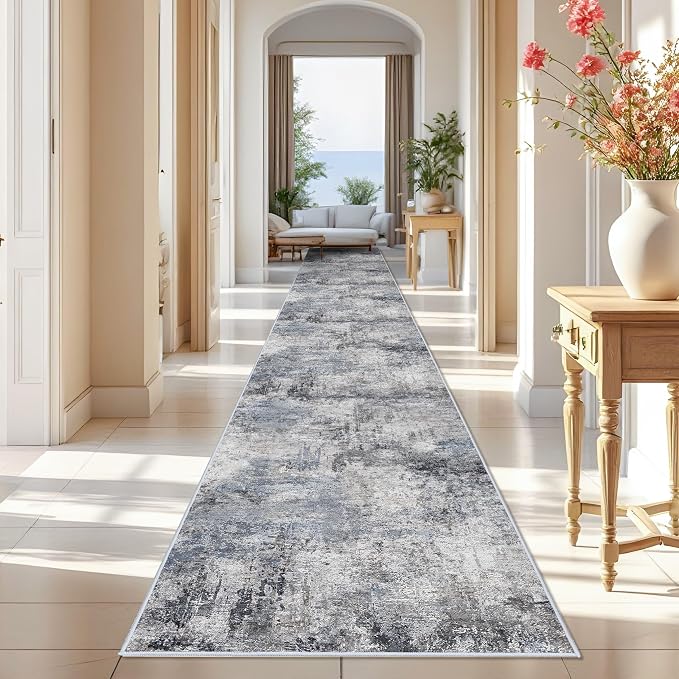 RUUGME Washable 3x25 Runner Rug - Living Room Abstract Rugs Soft Indoor Low Pile Carpet for Bedroom Kitchen Non Slip Backing Stain Resistant Distressed Floor Decor Machine Washable Mat 3x25 Blue