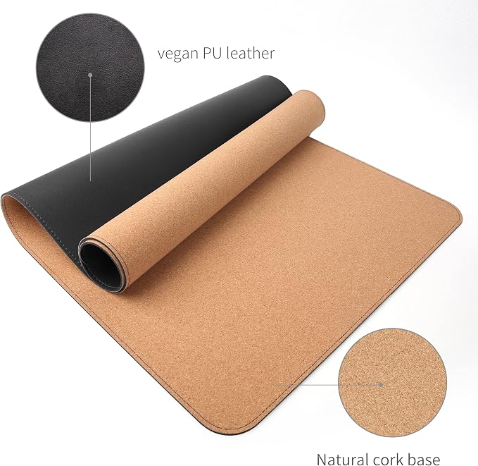 RENMTURE Dual-Sided Mouse Pad, Natural Cork & PU Leather Large Desk Pad for Office and Home Work, Desk Protector Non-Slip, Waterproof, Easy Clean (Black, 36"x17")