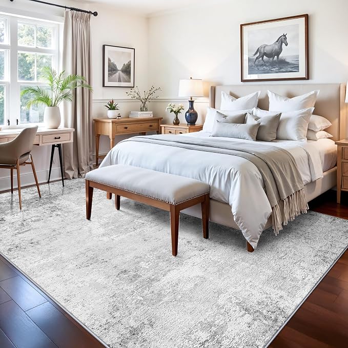 7x9 Living Room Area Rug: Abstract Washable Non-Slip Dining Room Rugs for Under Table Bedroom Nursery - Stain Resistant Low Pile Carpet Ultra Thin Soft Neutral Throw Floor Mat for Home Decor(7x9 Grey)