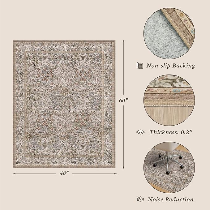 Vintage 4x5 Office Chair Mat for Hardwood Floors, Moss Non-Slip Desk Rug, Machine Washable for Dorm Room, Low Pile Carpet Floor Protector for Rolling Chair, Botanical Design Stain Resistant Carpet