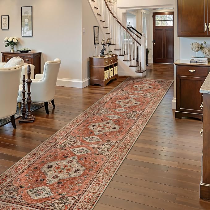 Tangsoo Boho Hallway Runner Rug 2.6x14 Washable Runner Rug for Hallways, Non Slip Vintage Soft Low Pile Long Rug Runner, Oriental Terracotta Carpet Runners for Kitchen Bedroom Entryway Living Room