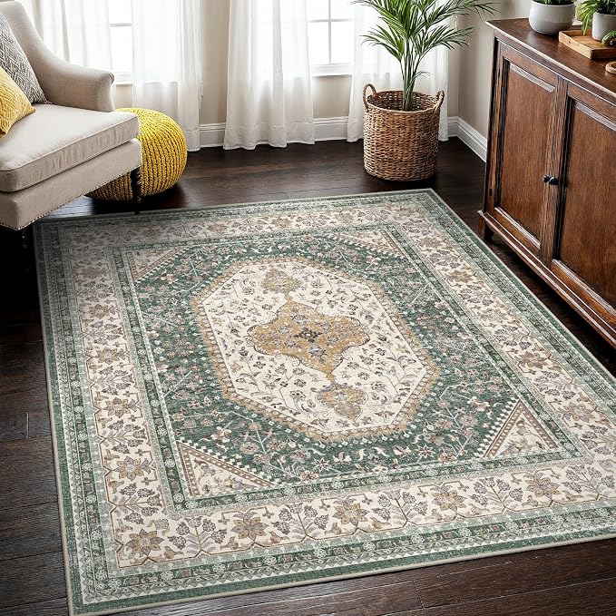 4X4 Square Rug for Living Room - Washable Kitchen Area Rug with Non Slip Rubber Backing for Bedroom Indoor Soft Stain Resistant Carpet Desk Rug for Pet-Friendly and Kitchen Decor Green/Beige