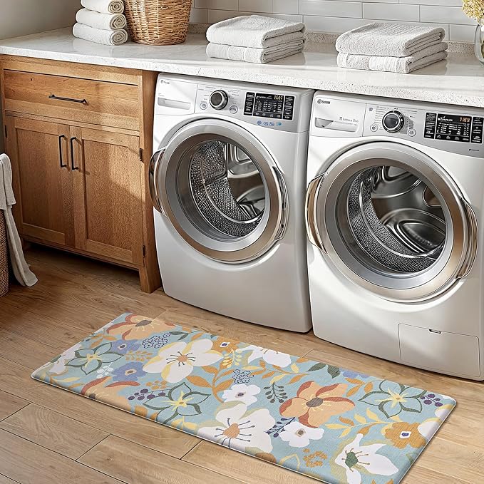 GENIMO Anti Fatigue Kitchen Mats for Floor 2PCS, Cushioned Standing Mats | 17.3"x47"&17.3"x30", Aqua vintage floral rug set, waterproof, non slip, easy-clean for farmhouse