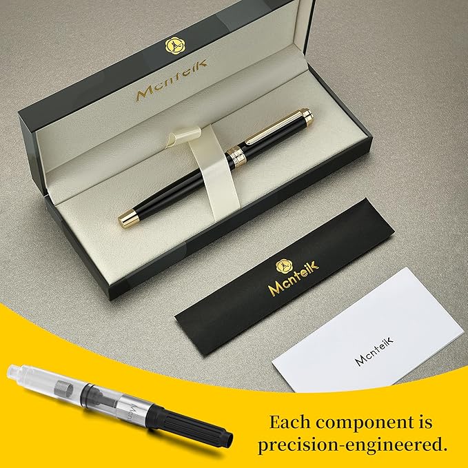 MCNTEIK 317 Fountain Pen,Stunning Luxury Black Piano Lacquer,18K Gilded Nib(Fine),Gorgeous 24K Gold Finish, Ink Converter,Fancy Gift for Men&Women-Elegant,Executive,Office,Nice Pens for Writing