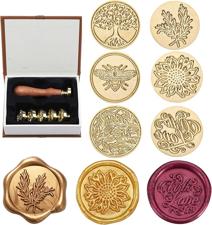 Yoption 6 Pcs Botanical Wax Seal Stamp Set, Vintage Flower Sealing Wax Stamps Kit, Wooden Handle with Brass Head for Wedding Christmas Invitation Gift Cards