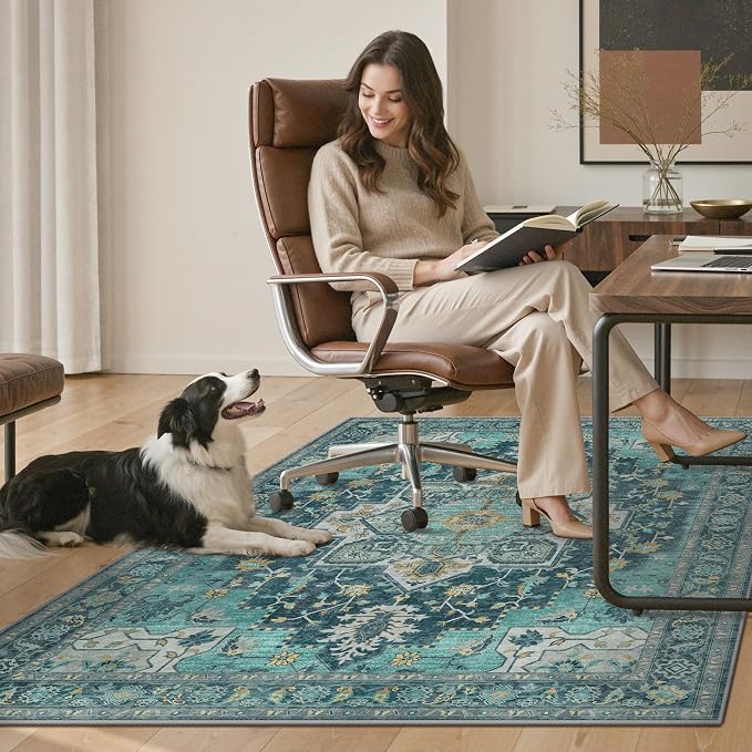 36"x48" Office Chair Mat for Hardwood Tile Floor, Under Desk Carpet Protector for Rolling Computer Chair Mat, Machine Washable Area Rug, Anti-Slip 1/5" Thick Low Pile Thin Vinyl Floor Mat, Turquoise