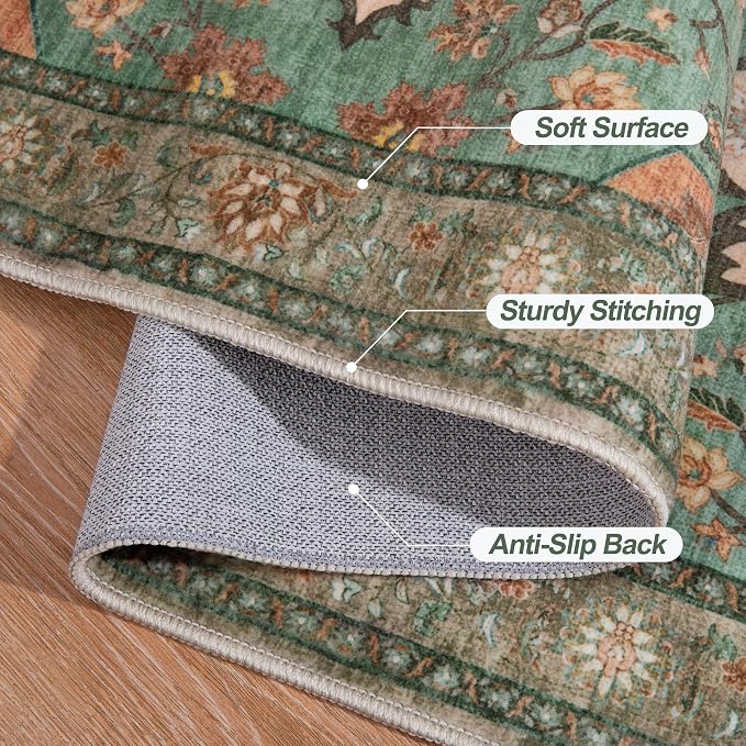 Tangsoo 4x6 Area Rug, Vintage Washable Non Slip Indoor Rugs, Oriental Machine Washable Rug Carpet, Soft Low Pile Foldable Floor Rugs for Dining Room Bedroom Living Room Home Decor Burnt Orange Green