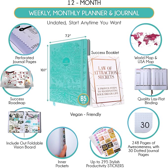 Deluxe Weekly and Monthly Planner | Law of Attraction Planner with Productivity App | 12-Month for Productivity, Gratitude & Goal Setting | Includes Foldable Vision Board, Gift Box & Stickers