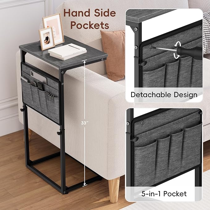 Vagusicc C Shaped End Table, 32'' Tall Side Table for Couch, Adjustable Height Small Couch Side Table for Small Spaces, C Table Slide Under Sofa Table TV Tray Arm Table for Living Room Bedroom