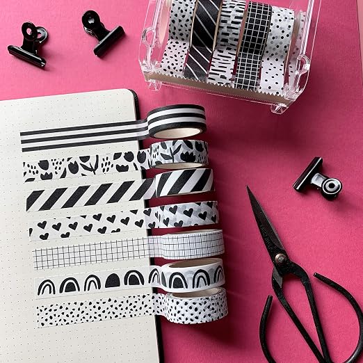 Washi Tape Set of 12 Rolls of 15 mm Wide Cute Decorative Washi Tape for Journaling, Scrapbook, Washy Crafts, Bullet Journals, Planners, DIY Décor, Craft Supplies For Adults & Kids (Black and White)