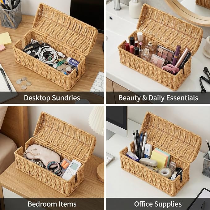 Rattan Cable Management Box, Ventilated Cord Hider with Flip Lid | Hand Woven Craft, Ventilated Heat Dissipation, Easy Access Protective Curved Flip Lid, Boho Woven Decor for Home and Office