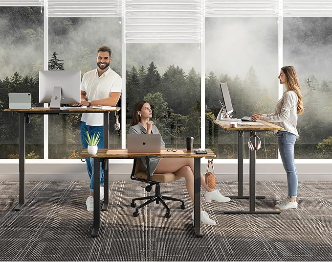 Electric Standing Desk,48x24 Inches Adjustable Height Stand up Desk, Sit Stand Home Office Desk with Splice Board, 3 Preset Heights,Equipped with Hooks,Ergonomic Computer Workstation，Brown