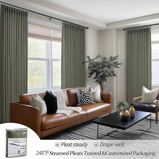 Pinch Pleated Drapes Greenish Grey Room Darkening Curtains 96 Inches Long for Living Room, Rustic Cottage Core 100% Blackout Faux Linen Double Layer Pleat Curtain 2 Panels Set Deep Depths Green Decor