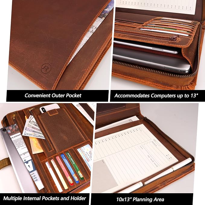 JinRuiKJ Leather Portfolio for Men, Business Portfolio Binder for A4/Pad, Leather Portfolio Folder Organizer with Notepad Holder, Card Slots, Pen Loop, 10 x 13 in, Professional Gift Set - Camel