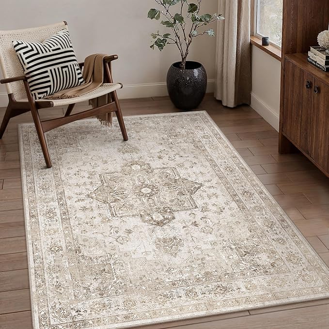 PureCozy Taupe Area Rug 3x4 Washable Vintage Carpet for Office Kitchen Non Slip Retro Distressed Door Mat Low Pile Soft Oriental Medallion Thin Small Throw Rug Entryway Bedroom Bathroom Dining Room