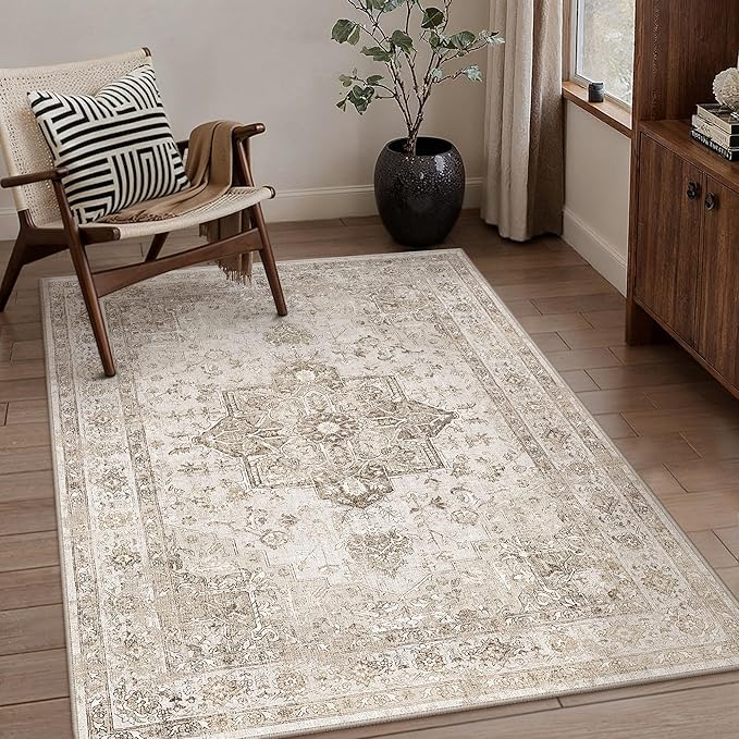 PureCozy Taupe Area Rug 4x5 Washable Vintage Carpet for Office Kitchen Non Slip Retro Distressed Door Mat Low Pile Soft Oriental Medallion Thin Small Throw Rug Entryway Bedroom Bathroom Dining Room
