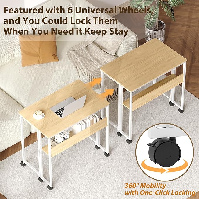 Folding Desk Small Rolling Desk with Storage Shelf,24.8 Inch Foldable Computer Table with Wheels,Portable Office Desk for Small Space Sofa Table,Easy to Fold,Writing Work Office Computer Desk,Oak