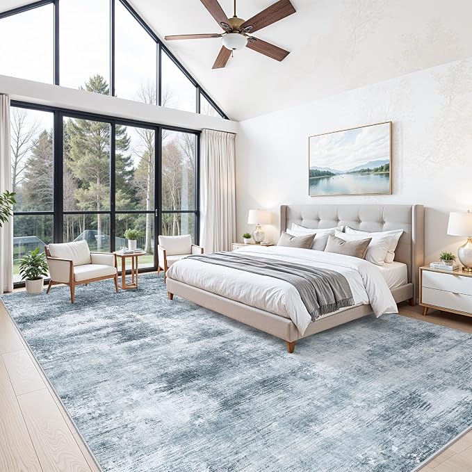 12x15 Area Rug for Living Room – Large Modern Neutral Abstract Thin Washable Carpet, Soft Low Pile Non-Slip Stain-Resistant for Bedroom Dining Room Home Office (Misty Blue Gray)