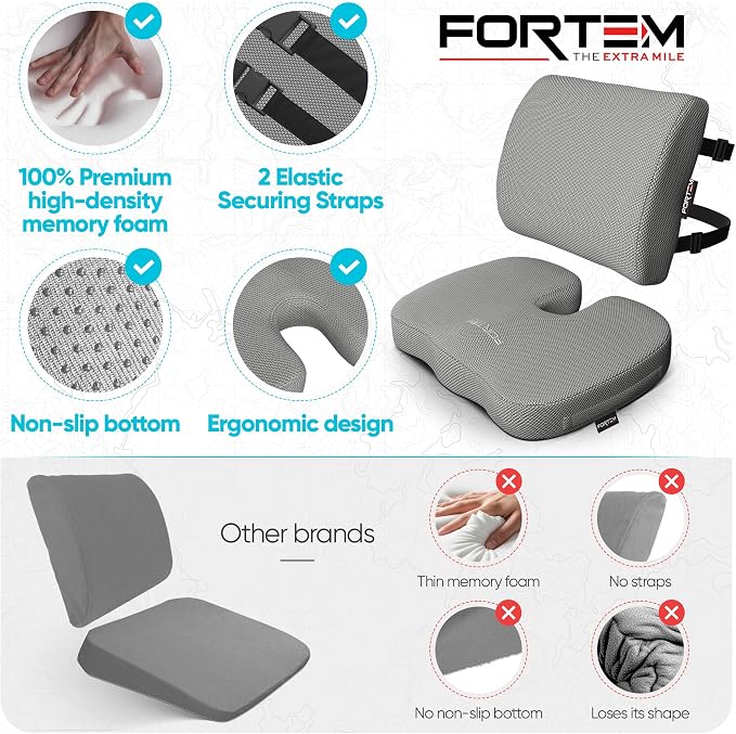 FORTEM Seat Cushion, Office Chair Cushion, Lumbar Support Pillow for Office Chair, Memory Foam Car Seat Cushions, Sciatica Coccyx Tailbone Pain Relief, Cushions for Back Support, Washable, Non Slip XL