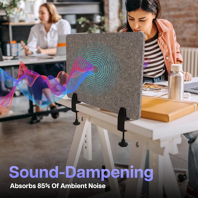 ReFocus Raw Clamp-On Acoustic Desk Divider, Noise-Reducing PET Privacy Panel for Offices, Sound-Dampening Desk Partition for Focused Work, Easy Installation Workspace Divider (24" × 16", Castle Gray)