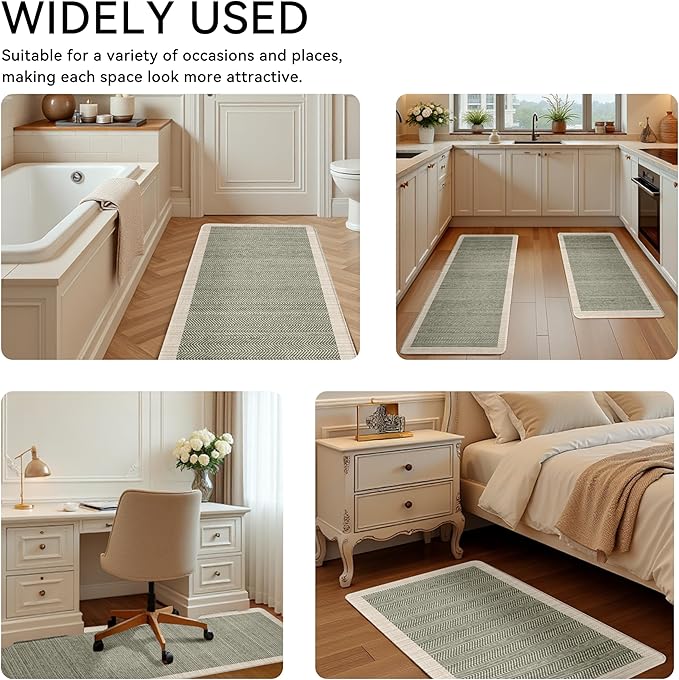 Sage Green Vintage Boho Elegance Kitchen Rug Sets [2 PCs], Anti-Fatigue, Waterproof Non-Slip Kitchen Mats Heavy Duty Comfort Foam Rug for Kitchen, Floor, Laundry,17"x29"+17"x47"