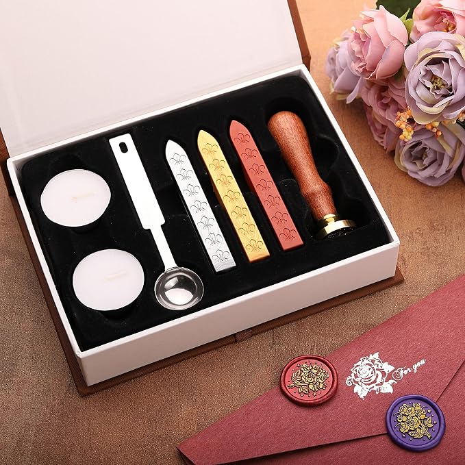 Yoption Retro Rose Bouquet Wax Seal Stamp with Sealing Wax Sticks Gift Box Set for Wedding, Party Invitations, Christmas, Mother's Day, Graduation