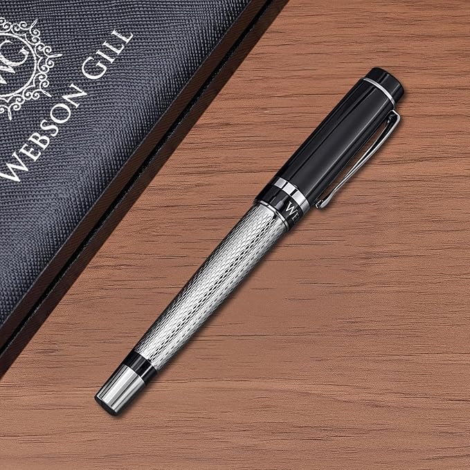‘The Raider’ Silver Luxury Executive Fountain Pen, Polished Chrome and Lacquer, Stainless Steel Nib, Easy Refill Ink Piston Converter, Smudge Free, No Bleed, Fits Our Instant Insert Ink Cartridges