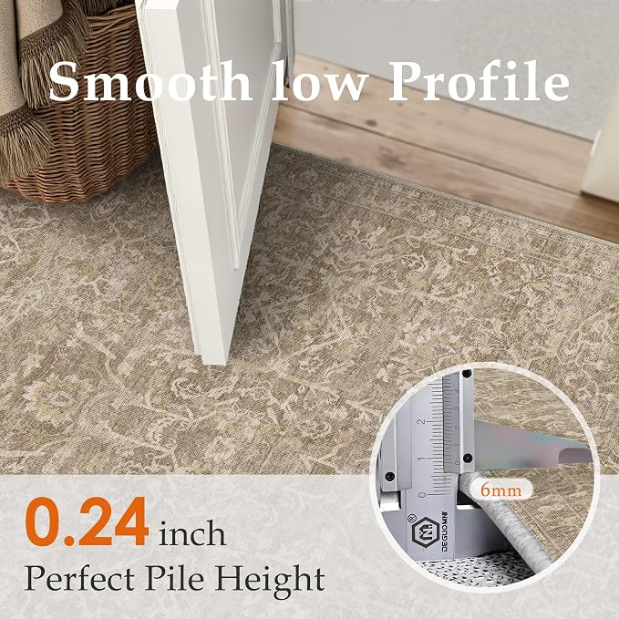 HUGEAR 3x8 Runner Rug Hallway Light Brown Machine Washable Vintage Floral Low Pile Carpet Vacuumable Distressed Long Throw Rug Bedroom Office Bathroom Kitchen Laundry Non Slip Soft Lightweight