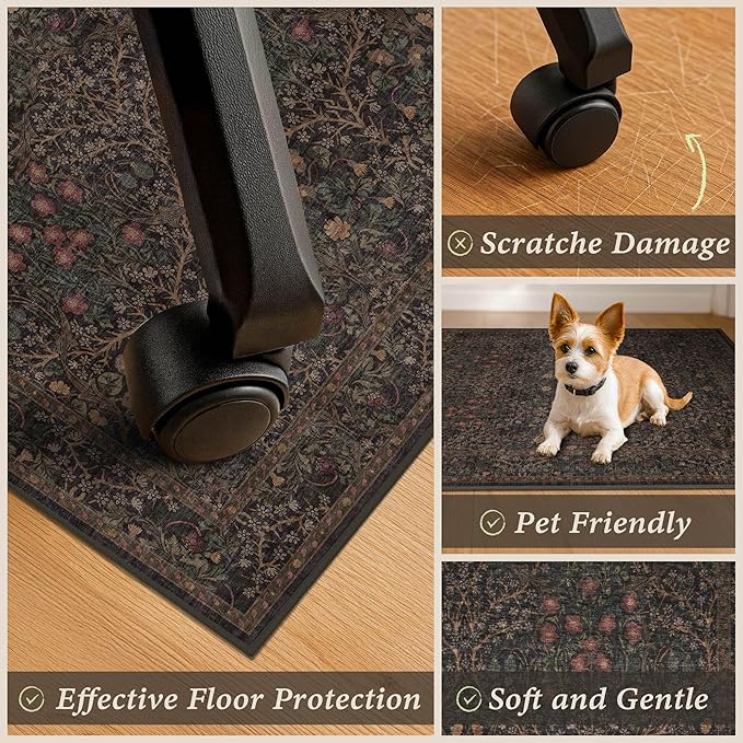Dark Brown 3x4 Washable Office Rugs for Rolling Chairs, Small Low Pile Home Office Rug for Computer Gaming Chair, Slip-Resistant and Area Rug for Protecting Floors, Boho Taupe Floral Design