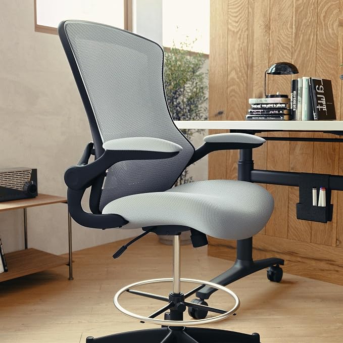 Flash Furniture Kelista Mid-Back Swivel Office Chair with Adjustable Seat Height, Ergonomic Mesh Desk Chair with Flip-Up Armrests, Dark Gray | Adjustable Foot Ring, Mid-Back, Flip-Up Arms, Mesh Back