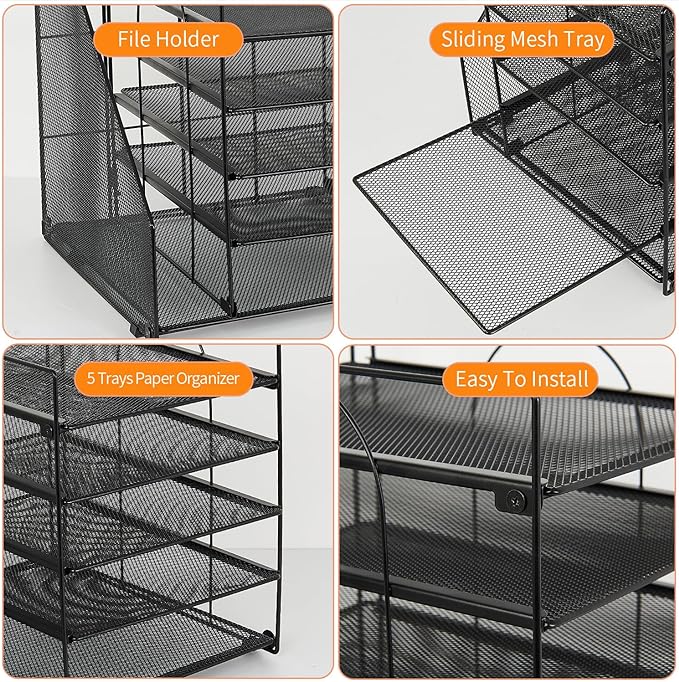 Desk Organizers and Accessories, 5-Tier Paper Letter Tray Organizer with File Holder, Desktop Organizer for Office Supplies (Black)